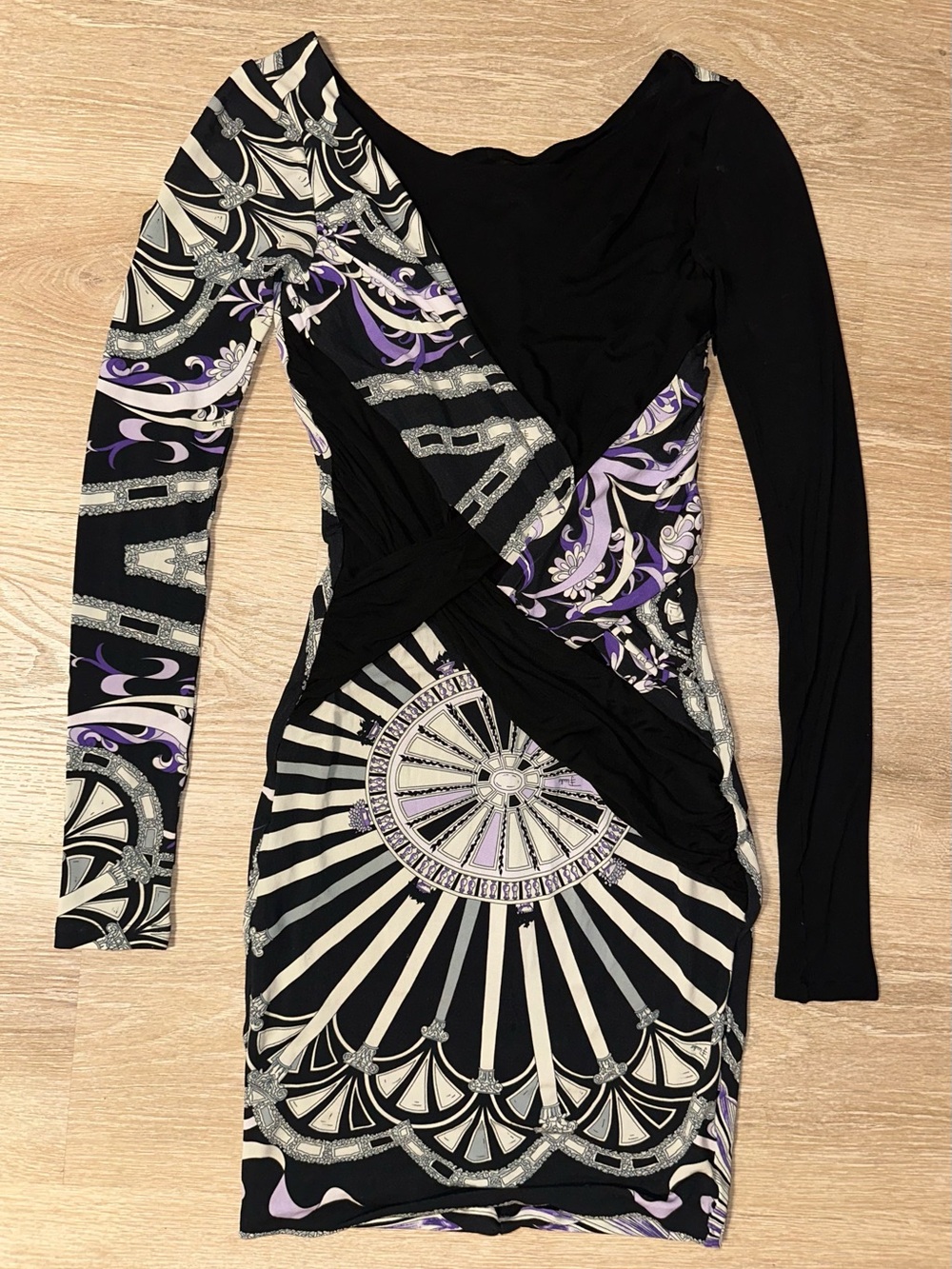 Authentic Emilio Pucci Black Purple Print Long Sleeve Dress Twist Detail